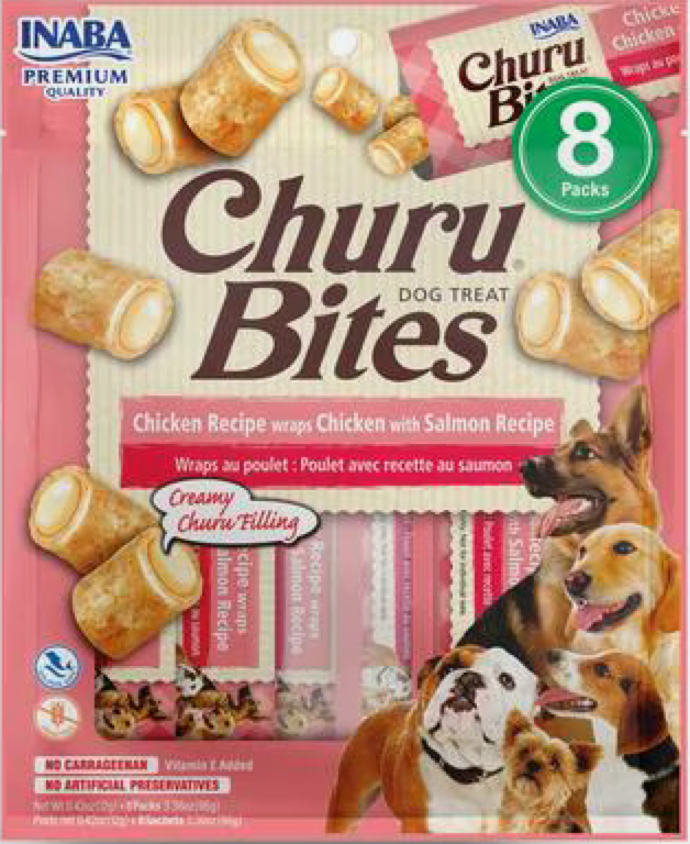 Inaba Churu Bites Wraps Chicken with Salmon Recipe Grain-Free Soft & Chewy Dog Treats, 0.42-oz, pack of 8