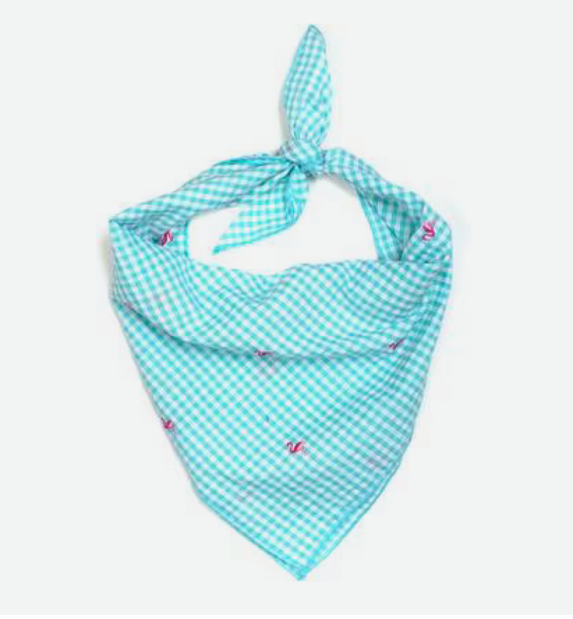 The Worthy Dog Gingham Flamingos Dog Bandana, Aqua